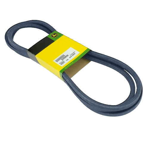 Black rubber mower deck drive belt with green and yellow branded packaging for tools and home improvement