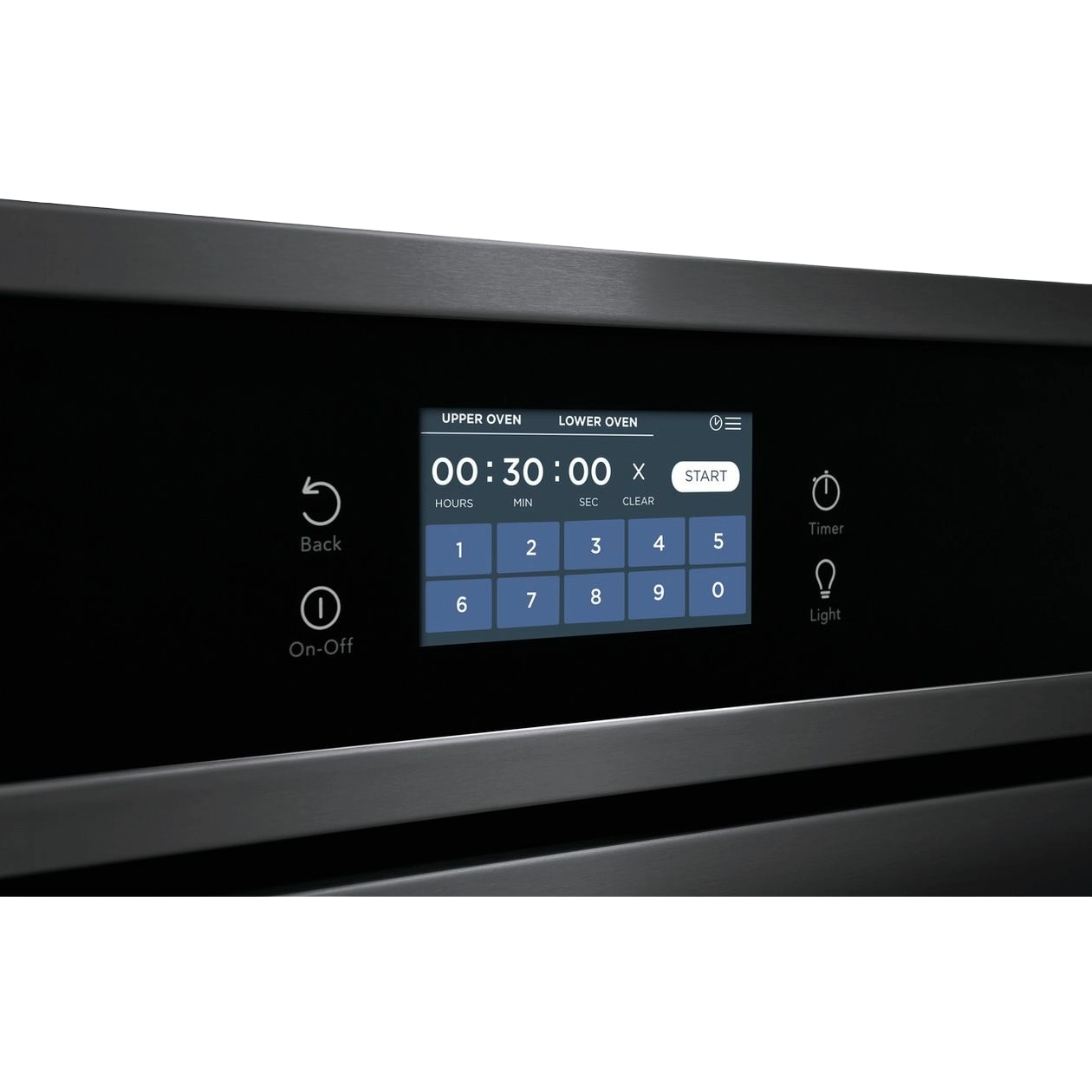 Touchscreen digital control panel on black steel double electric wall oven with fan convection features