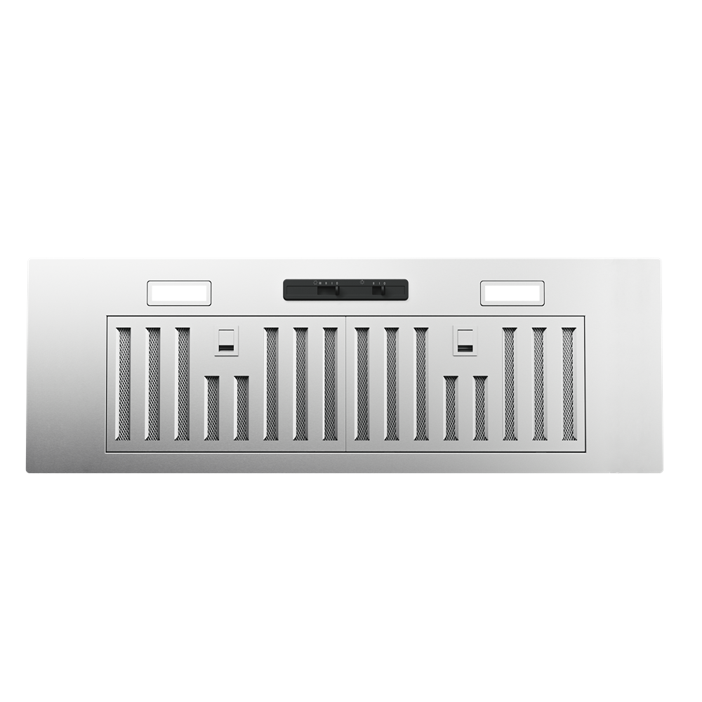 Stainless steel insert hood with LED lights and hybrid baffle filters in Over the Range Hoods collection