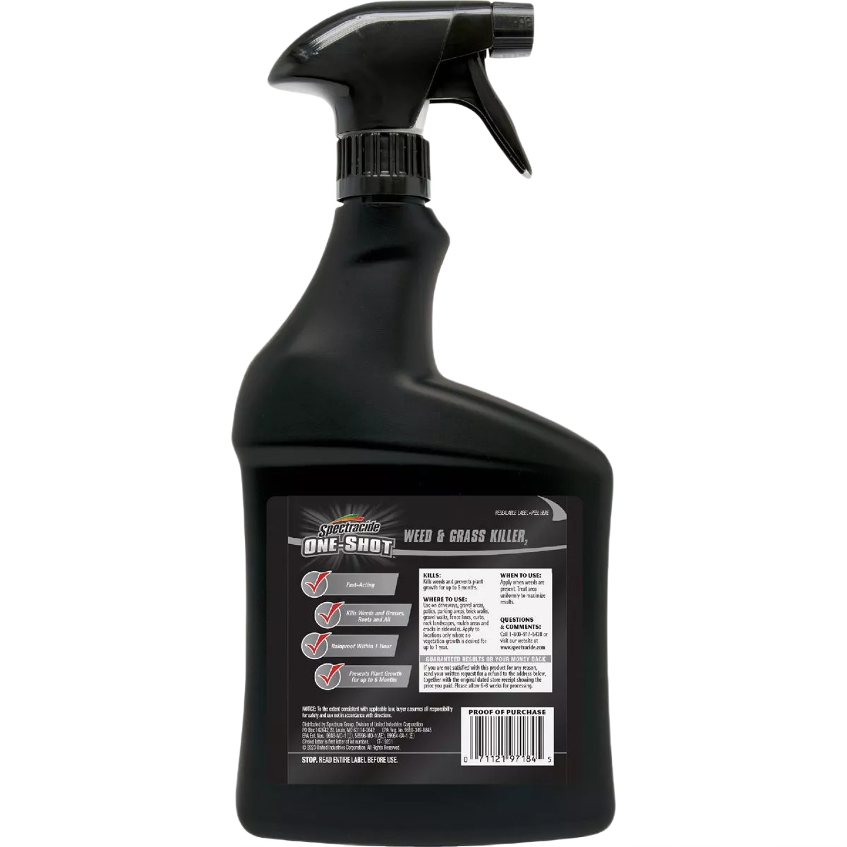 Black plastic spray bottle of Spectracide One-Shot weed and grass killer for home improvement use