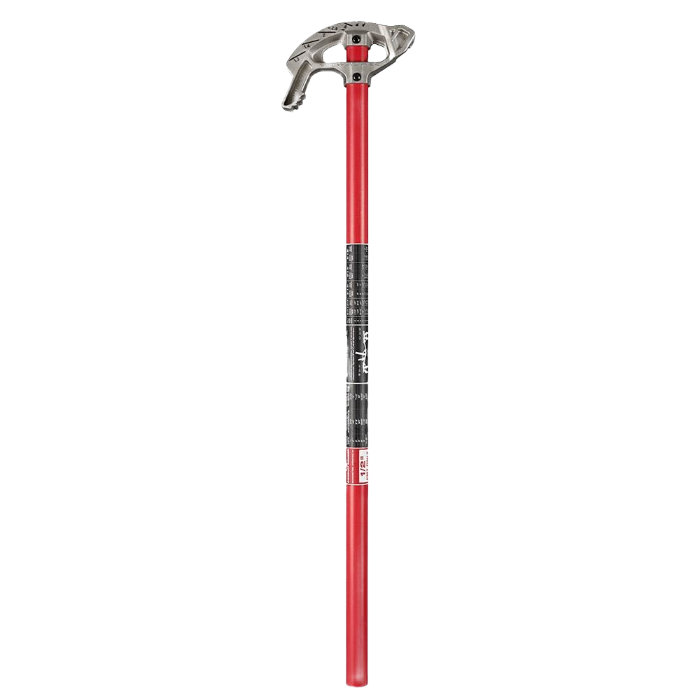 Red aluminum conduit bender with metal head designed for bending half-inch EMT conduit in home improvement tasks