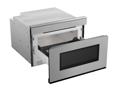 Stainless steel microwave drawer partially open showing interior design in built-in microwaves collection