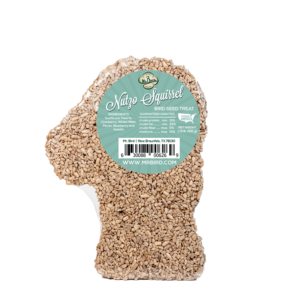 Squirrel-shaped bird seed treat made with natural seeds and nuts for attracting outdoor wildlife and feeding birds