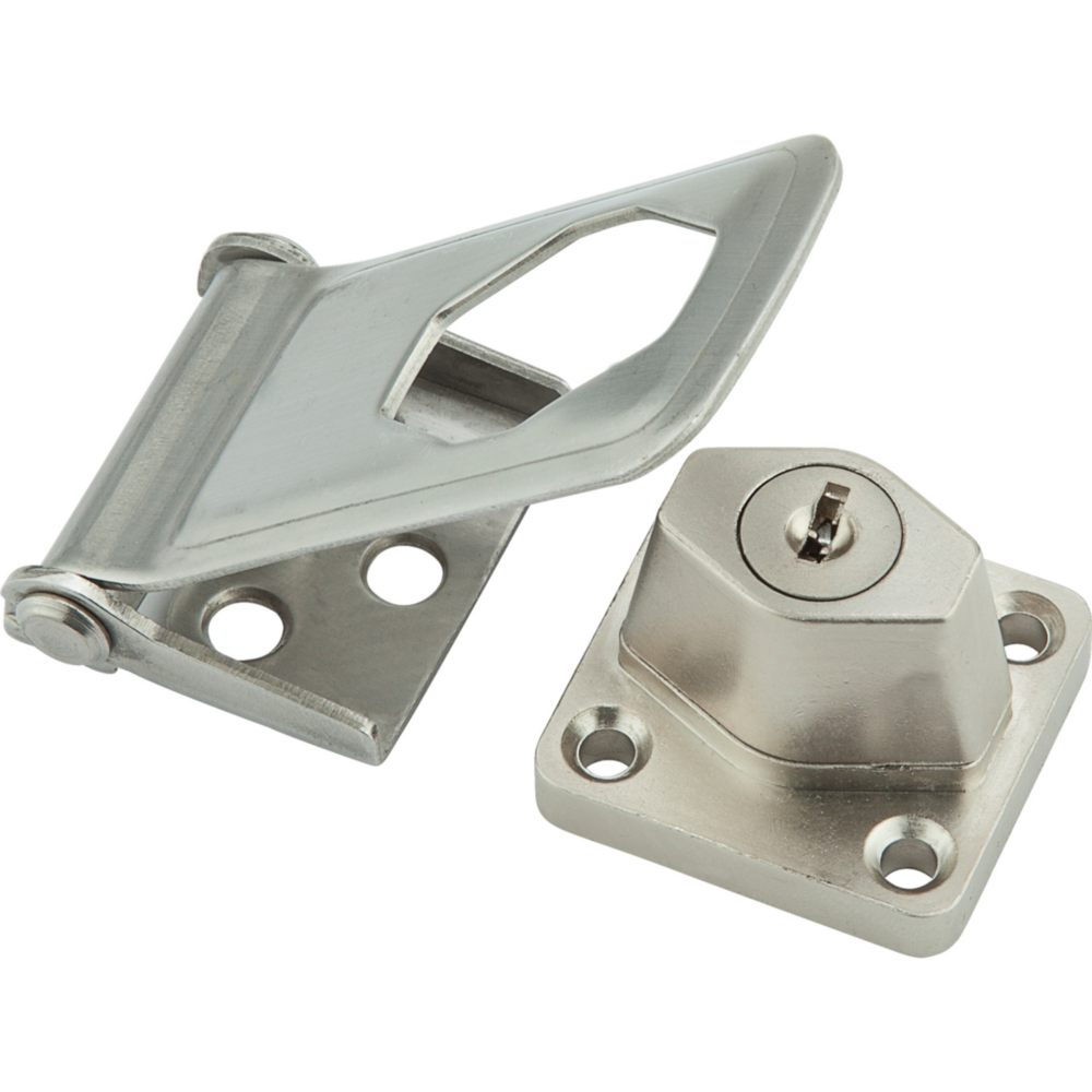 Stainless steel key lock hasp with WeatherGuard corrosion resistance for door accessories and home improvement projects