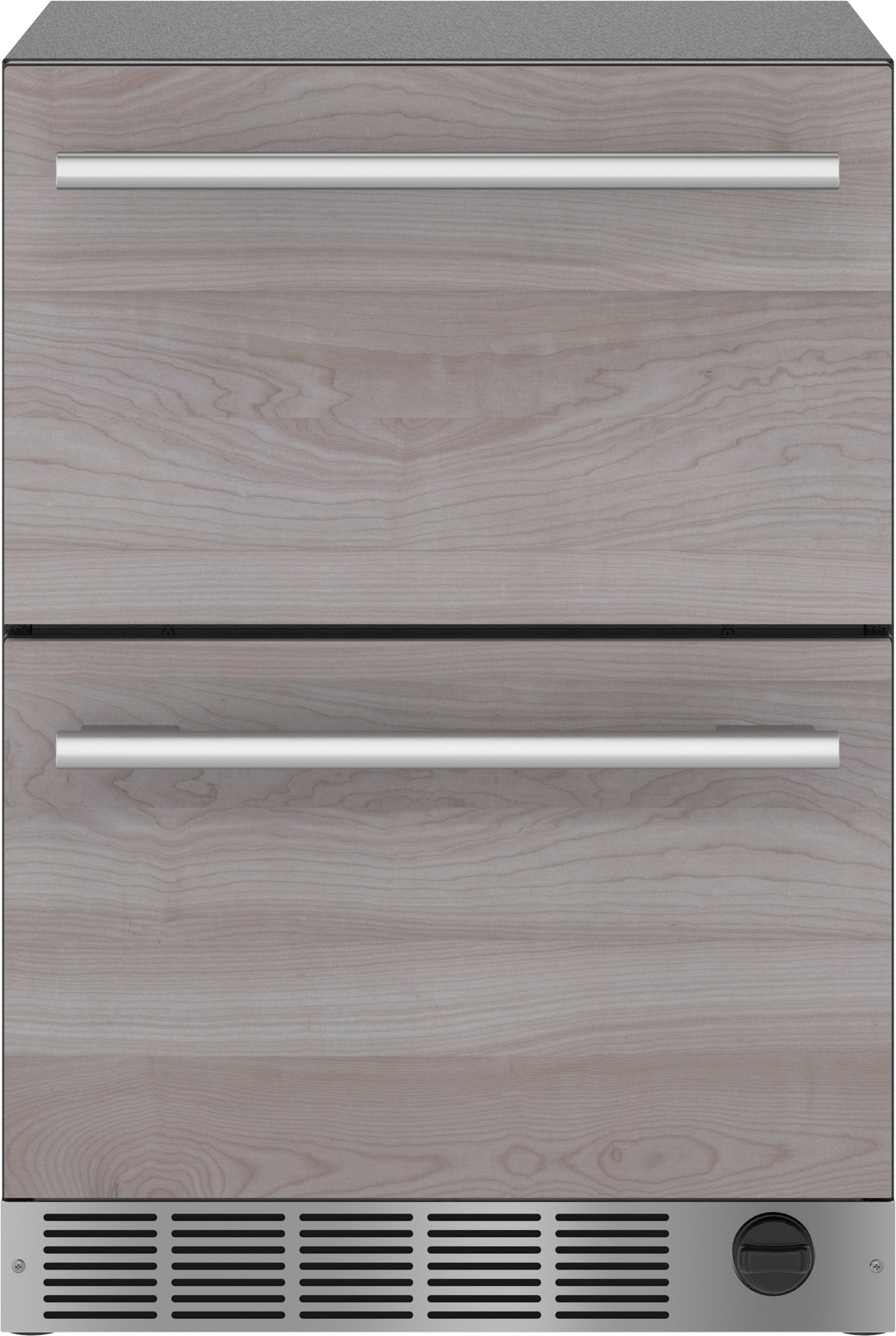 Under counter combo drawer refrigerator and freezer with panel ready wood finish and stainless steel handles