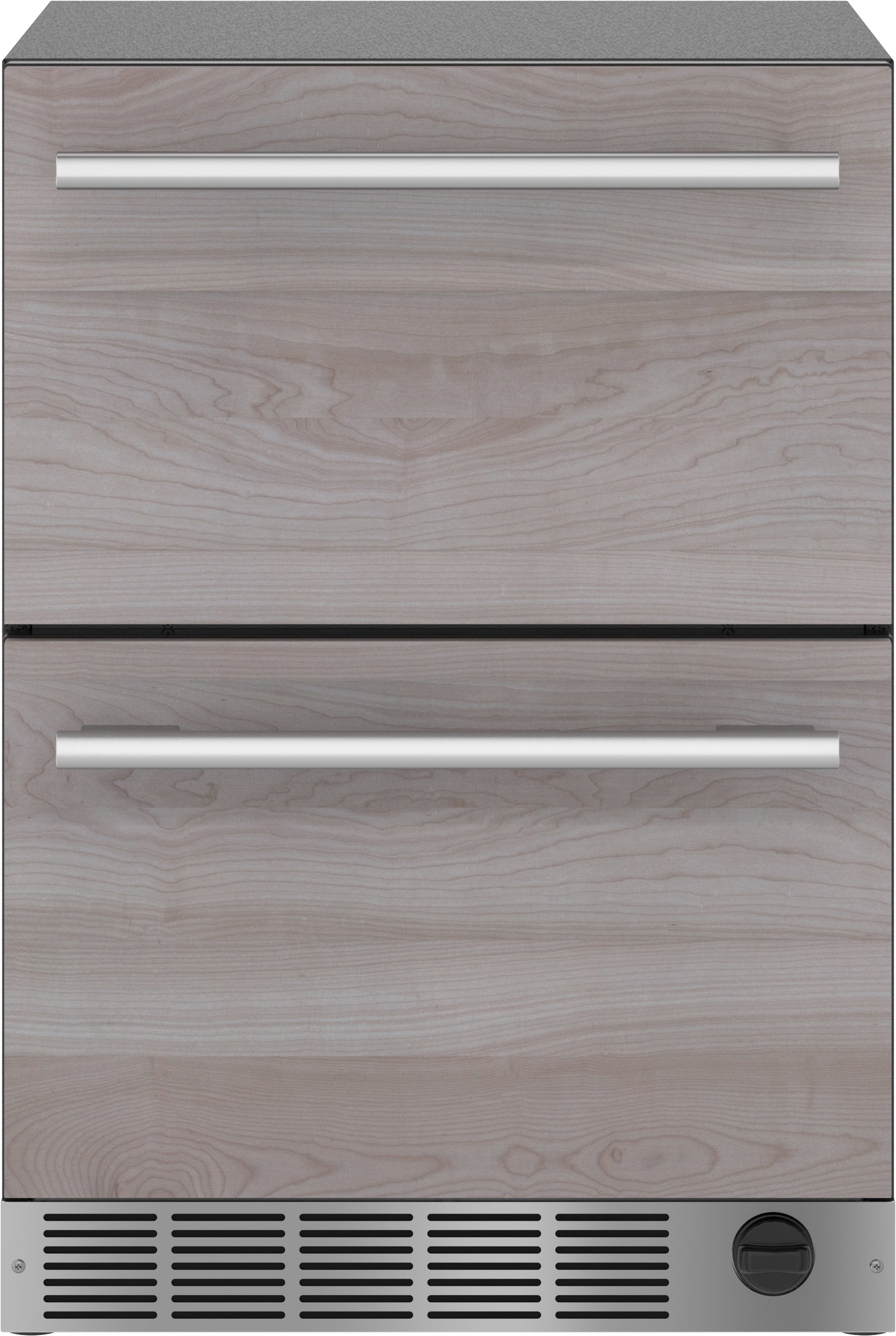 Under counter combo drawer refrigerator and freezer with panel ready wood finish and stainless steel handles