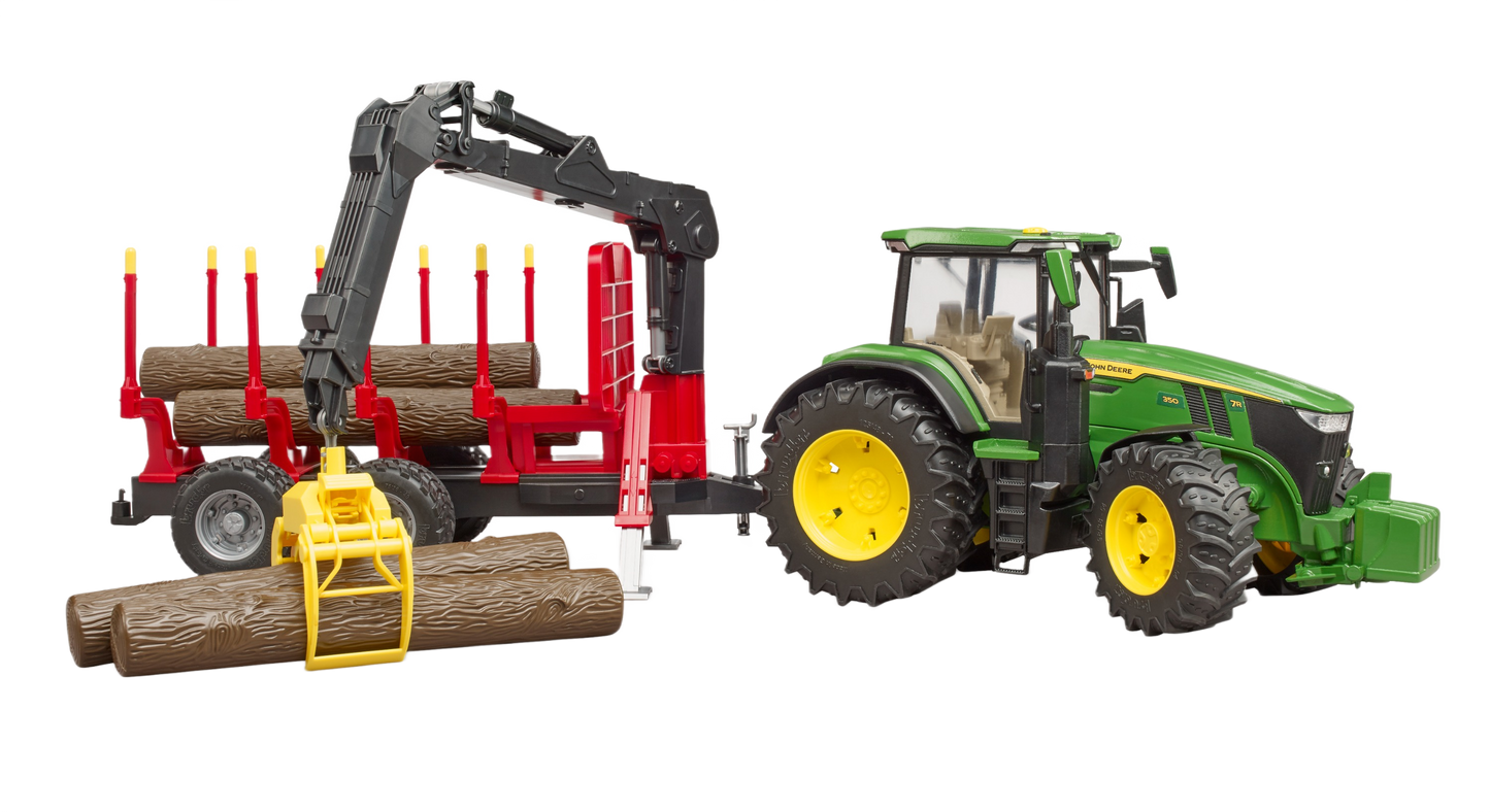 Green and yellow toy tractor with red forestry trailer holding wooden logs for home improvement play