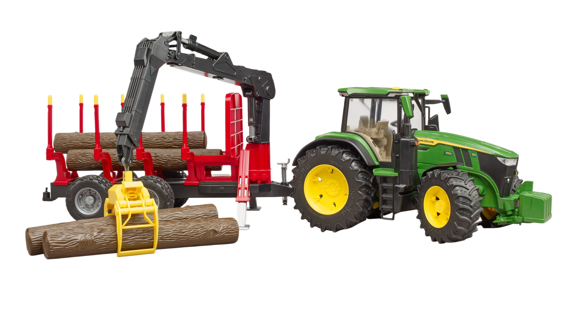 Green and yellow toy tractor with red forestry trailer holding wooden logs for home improvement play