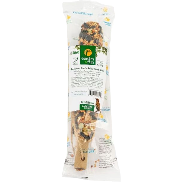 Clear plastic package of Backyard Bird Select seed stick with nuts and grains for bird feeding and wildlife enjoyment
