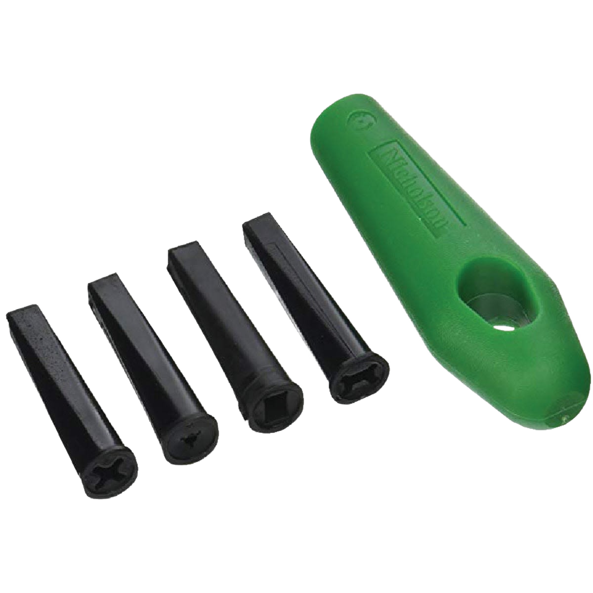 Green plastic Nicholson file handle with four interchangeable black metal file tang inserts for tool use and home improvement tasks