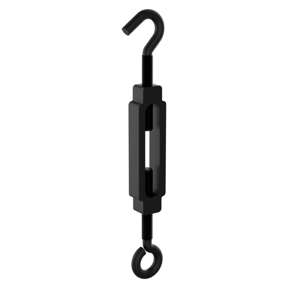 Black hook and eye turnbuckle with storm shine finish for tension adjustment in garage storage and home improvement tools