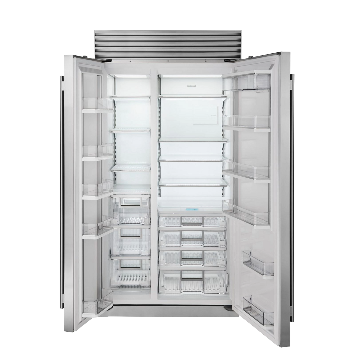Stainless steel side-by-side refrigerator with open doors showing clear shelves and drawers in kitchen appliances collection