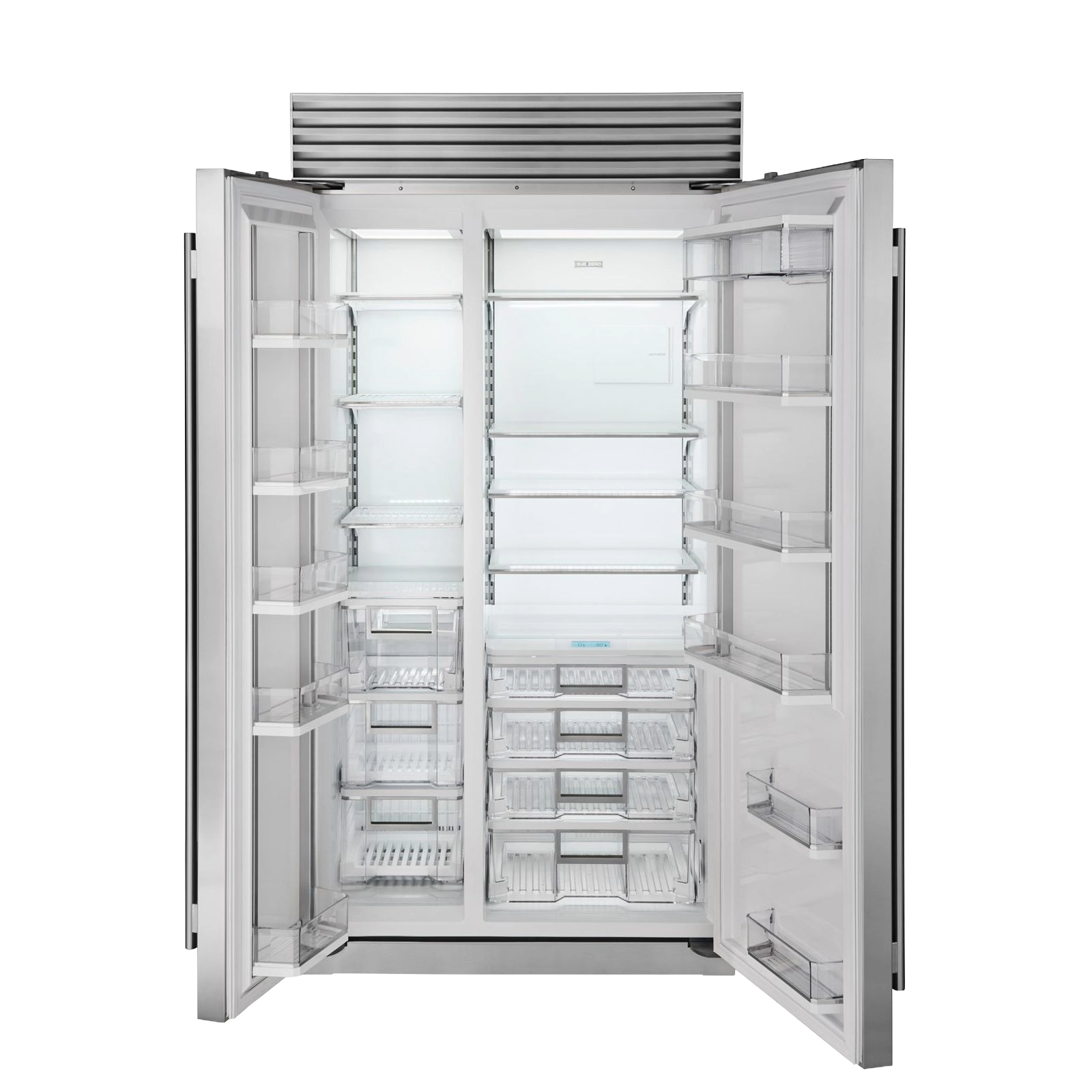 Stainless steel side-by-side refrigerator with open doors showing clear shelves and drawers in kitchen appliances collection