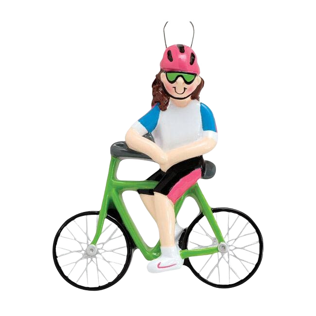 Personalized Christmas ornament featuring a girl biker in helmet and sunglasses on green bike, under $50 collection