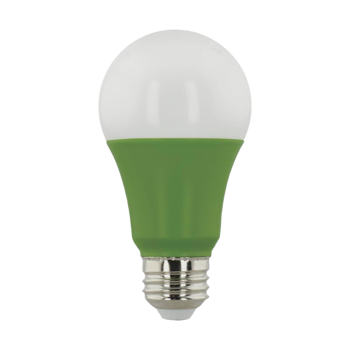 LED light bulb with green base and frosted white top for plant growth, part of light bulbs and home improvement categories