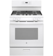 White freestanding gas range with five burners and digital controls in Ranges and Kitchen & Kitchenware collections