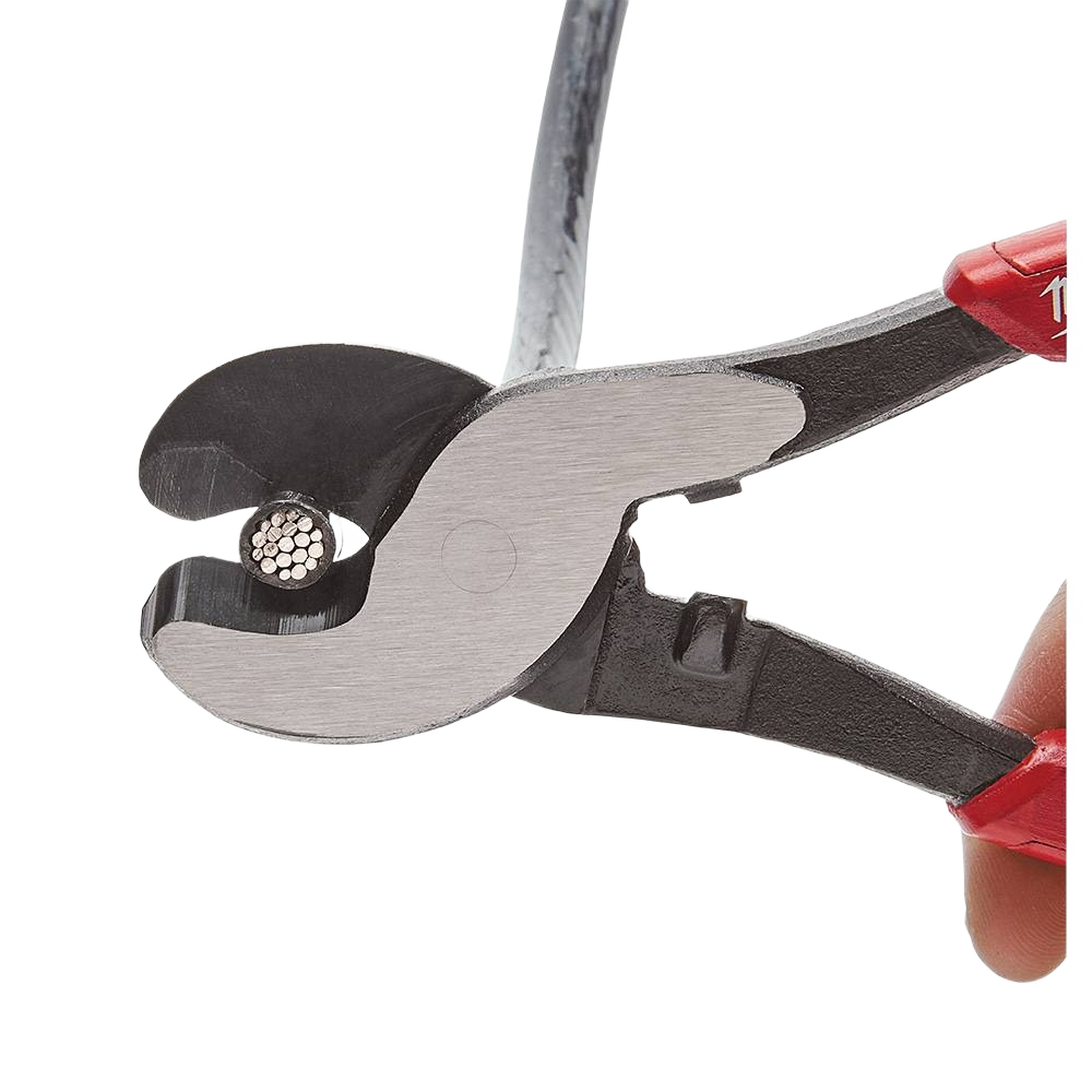Close-up of durable cable cutting pliers with red ergonomic handles slicing through thick wire for tools and home improvement tasks