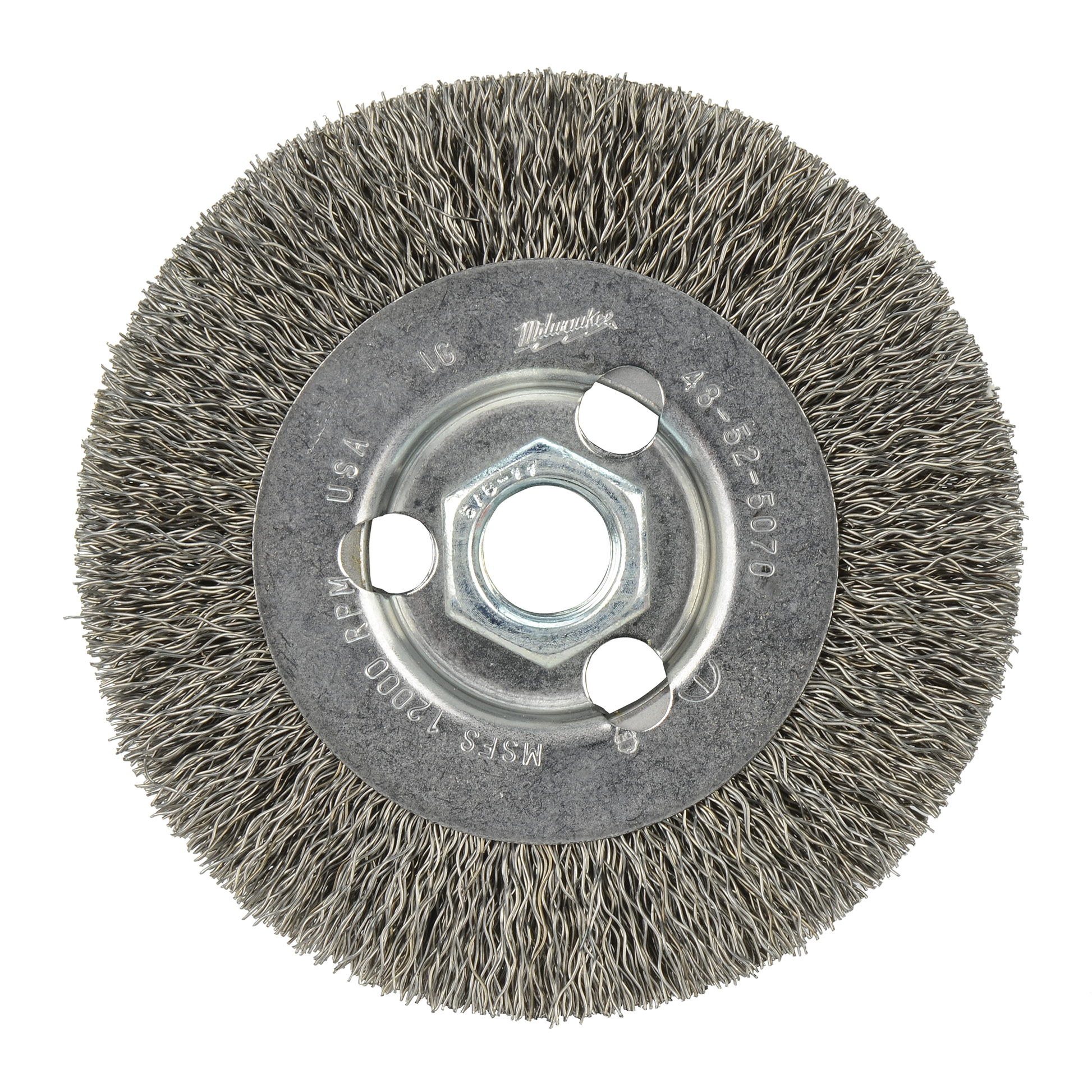 Carbon steel radial crimped wire brush wheel for power tool accessories and woodworking tool use under $50.