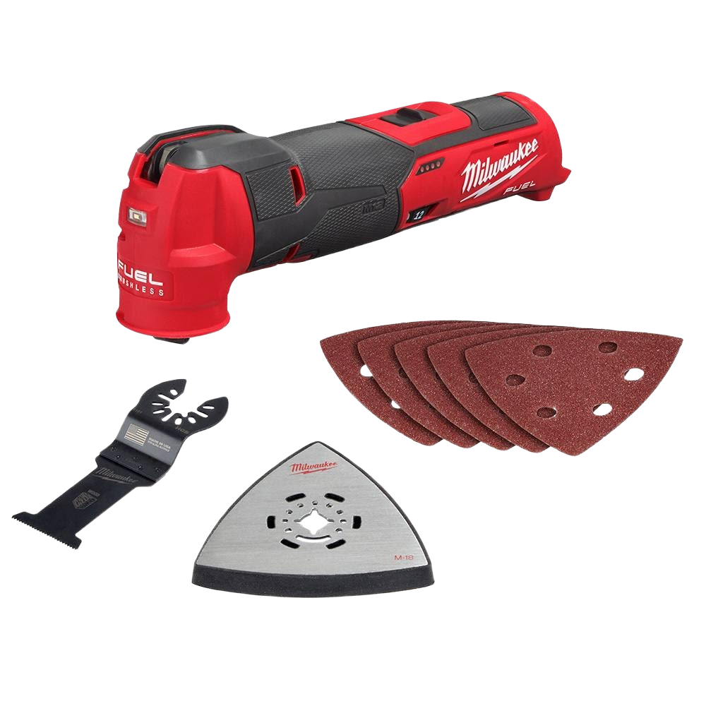 Compact red and black cordless oscillating multi-tool with sanding pads and cutting accessories for home improvement tasks