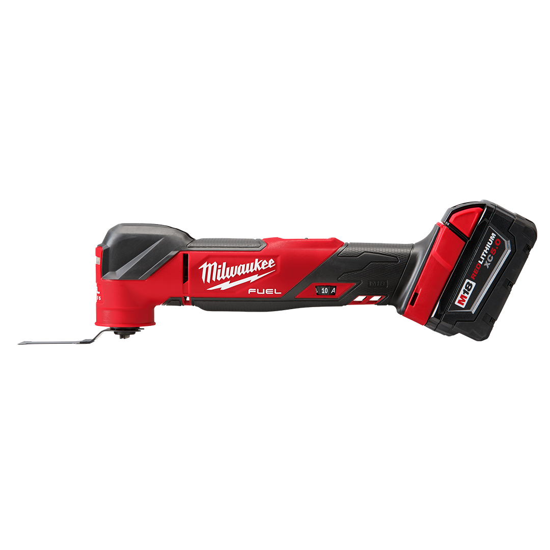 Red and black cordless oscillating multi-tool with battery pack for versatile home improvement tasks and tool use