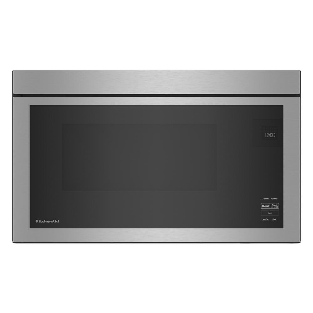 Stainless steel over-the-range microwave with flush design, digital controls, part of KitchenAid appliances at Hartville Hardware