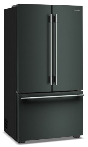 Counter-depth French door refrigerator in dark finish with stainless steel handles and bottom freezer drawer from KitchenAid collection