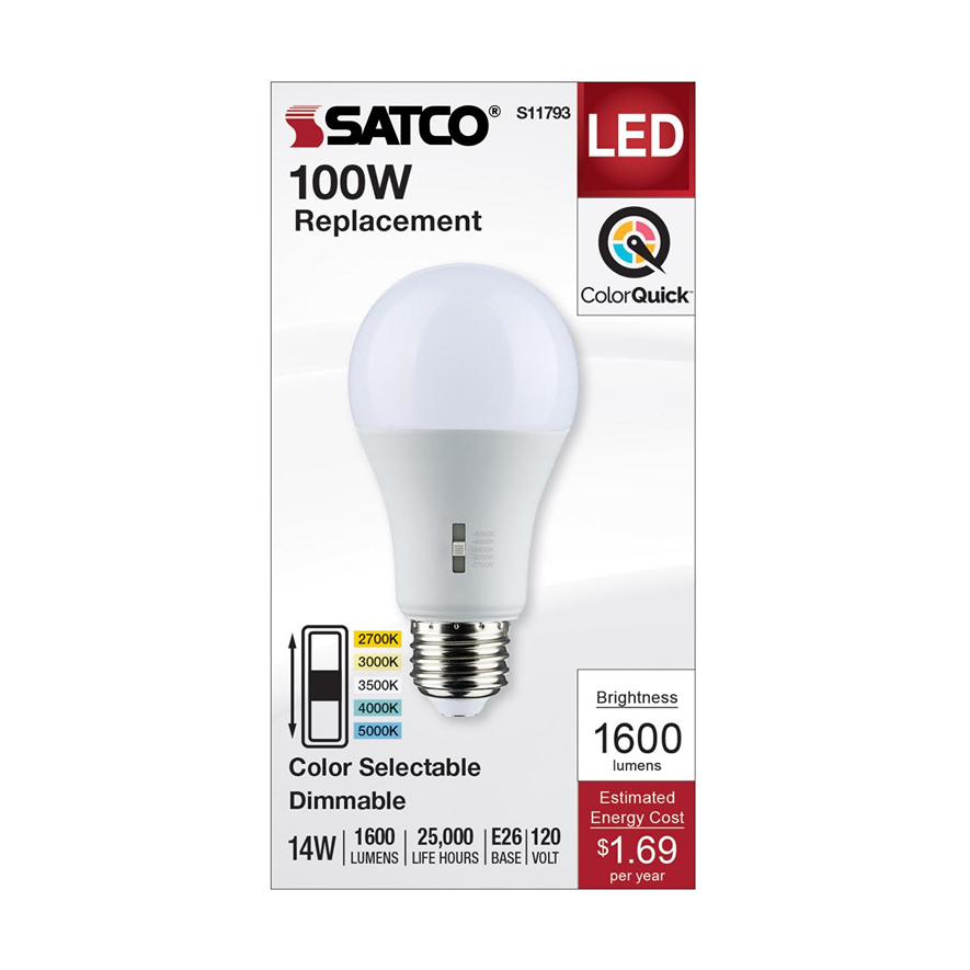 Satco LED bulb with medium base, 14 watts, dimmable, color temperature selectable for efficient home lighting and electrical use