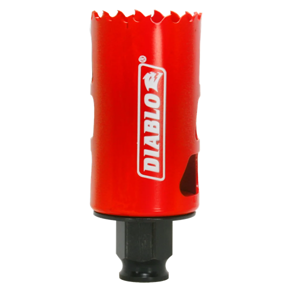 Red bi-metal hole saw with sharp teeth and quick-change mandrel for woodworking tools and home improvement under $50 collections