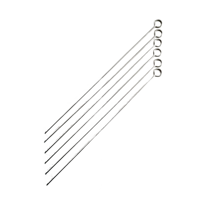 Set of six stainless steel skewers with looped handles for grilling and kitchenware use under $50.