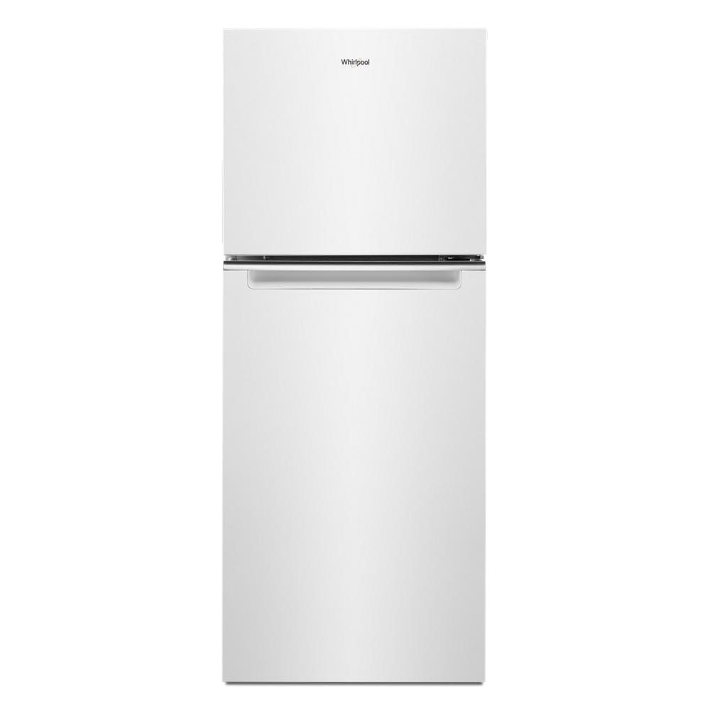 White top-freezer refrigerator with simple handle design in kitchen appliances and small space refrigerator collection