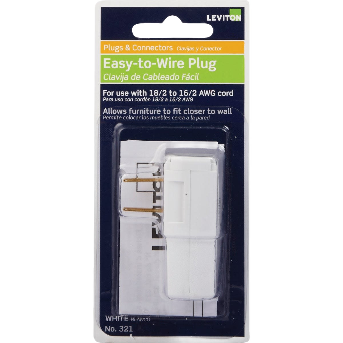 White easy-to-wire plug for 18/2 to 16/2 AWG cord designed for electrical and home improvement projects