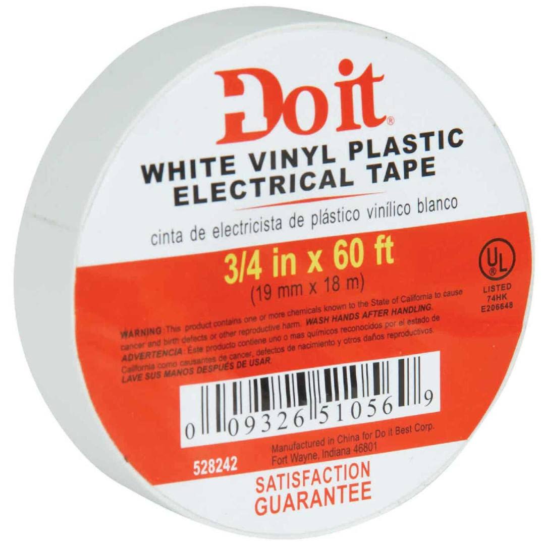 Roll of white vinyl plastic electrical tape measuring three-quarters inch by 60 feet for home improvement tasks
