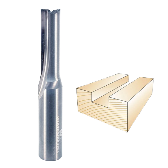 Solid carbide straight router bit next to a grooved wood sample for woodworking and tool accessories collections