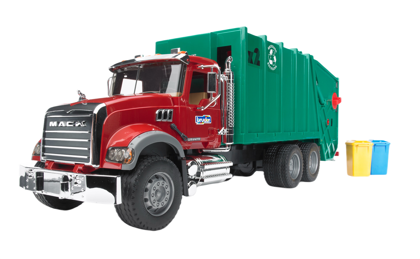 Red and green Bruder Toys 1:16 scale Mack Granite model garbage truck with two recycling bins from Vehicles & Remote Controlled Toys