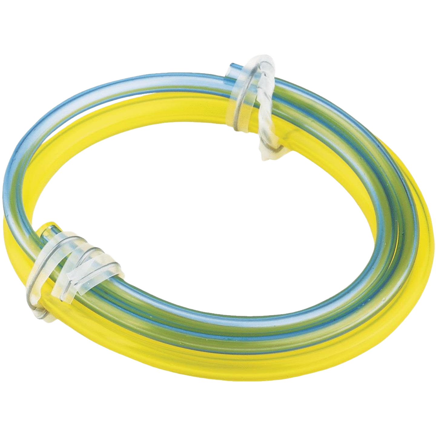 Two sizes of flexible clear and yellow fuel lines coiled and secured with plastic clips for outdoor power equipment repair under $50