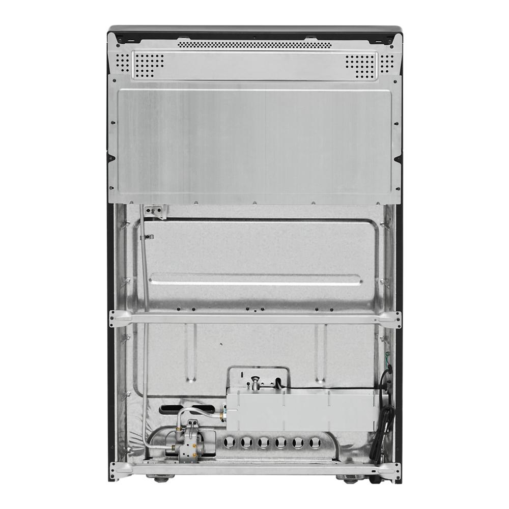 rear view of freestanding gas range showing internal components and metal burner assembly for appliances