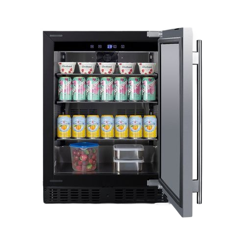 Built-in 24-inch wide ADA compliant refrigerator with left-hand door swing stocked with beverages and food in kitchen appliance setting