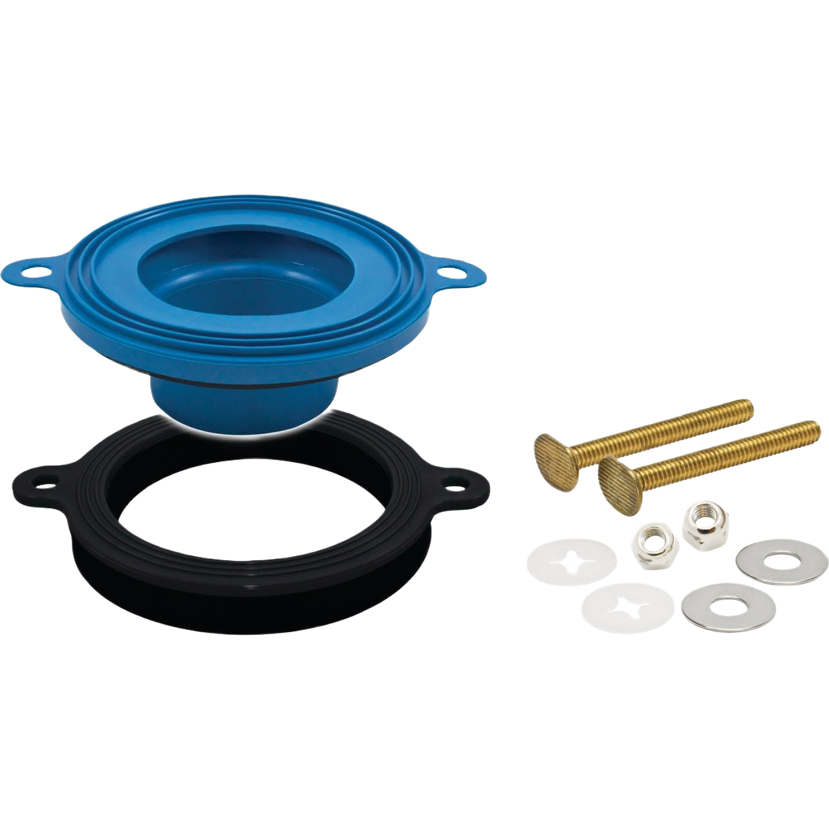 Blue and black wax-free toilet gasket with mounting bolts and hardware for home improvement projects