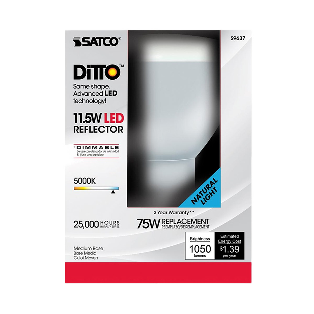 Satco Ditto 11.5W LED dimmable reflector bulb with natural light, 5000K color temperature, 75W replacement for home lighting