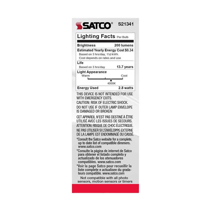 Packaging label for a Satco LED bulb detailing brightness, energy use, life expectancy, and safety warnings for home improvement lighting.
