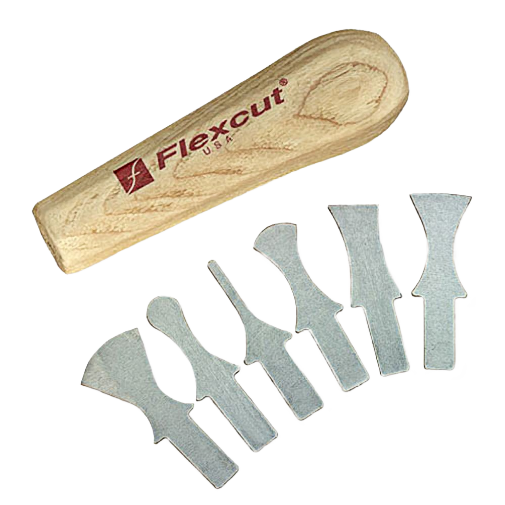 Wooden-handled profile scraper with six interchangeable metal blades for tools and home improvement projects