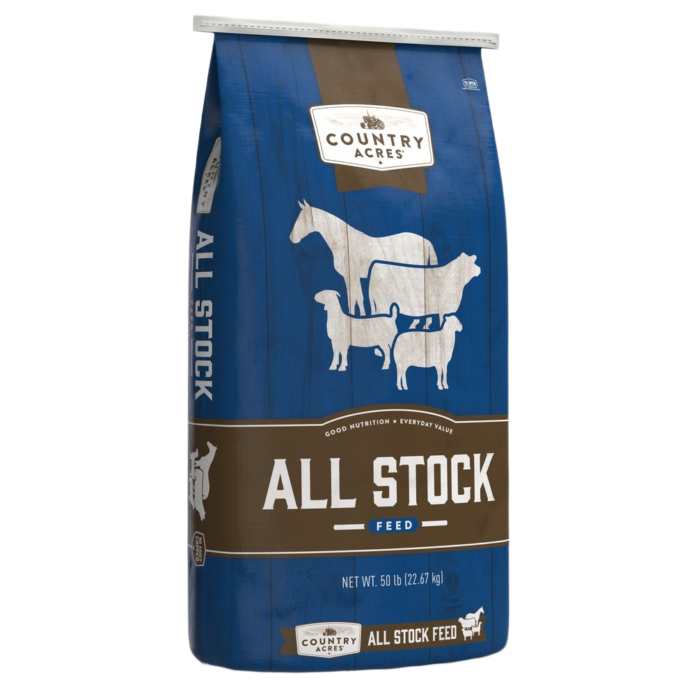 50lb bag of Country Acres All Stock Sweet Feed with animal icons for livestock nutrition and care