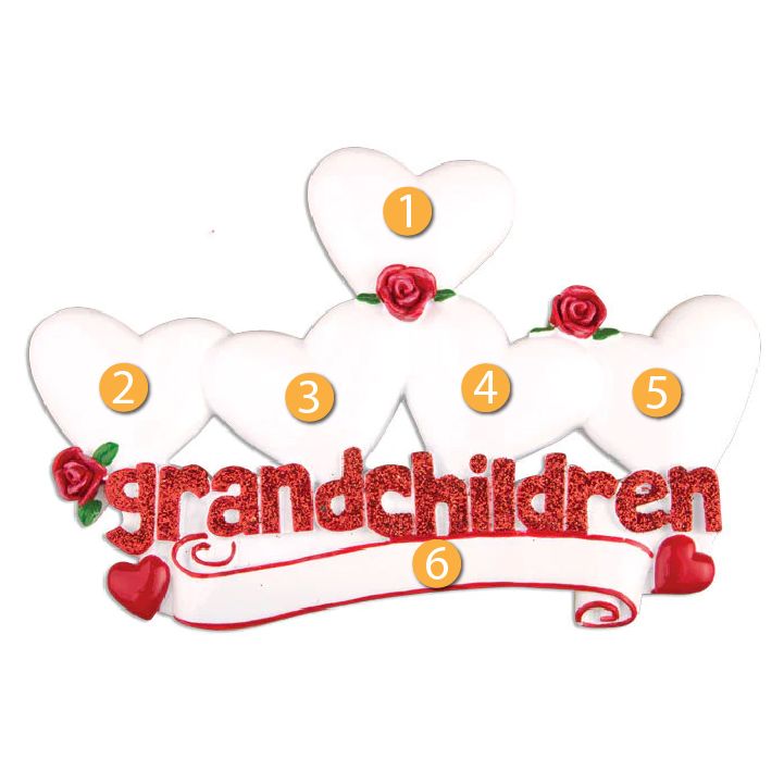 Christmas ornament with glittery red grandchildren lettering and five white hearts accented by red roses and hearts under 50 collection