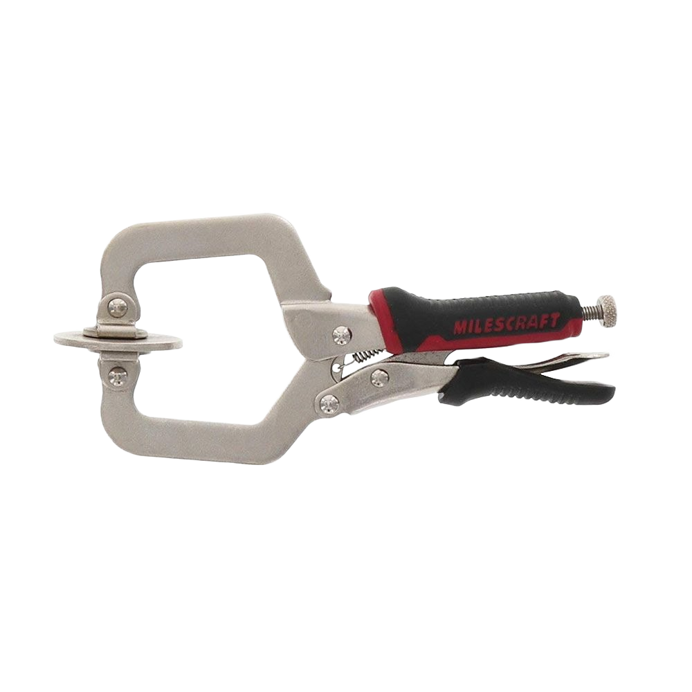 Metal face clamp with black and red ergonomic grip for secure holding in tools and home improvement projects