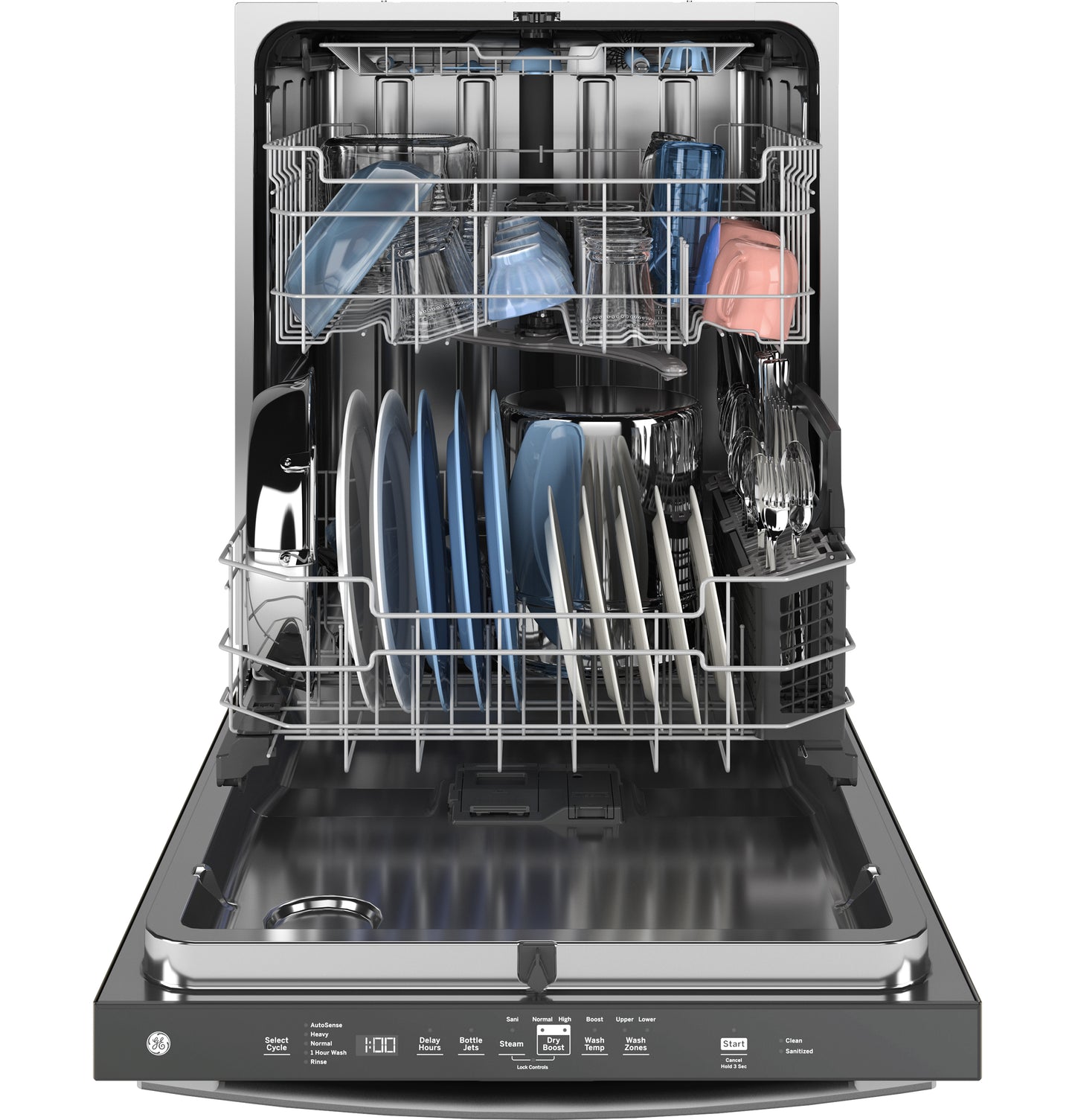 Open built-in dishwasher with stainless steel interior, loaded with dishes, in Kitchen & Appliances collections