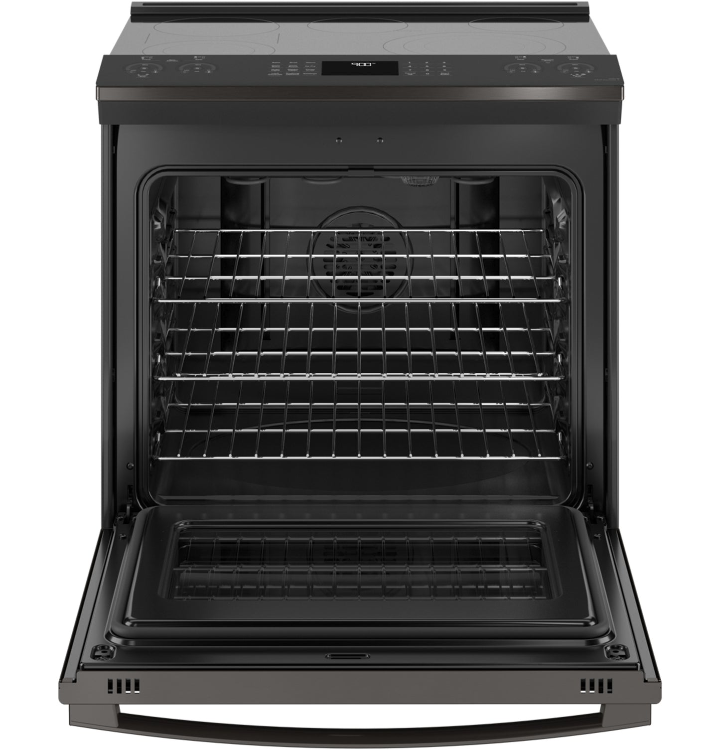 Open black stainless steel electric convection range with digital touch controls from Ranges & Cooktops collection