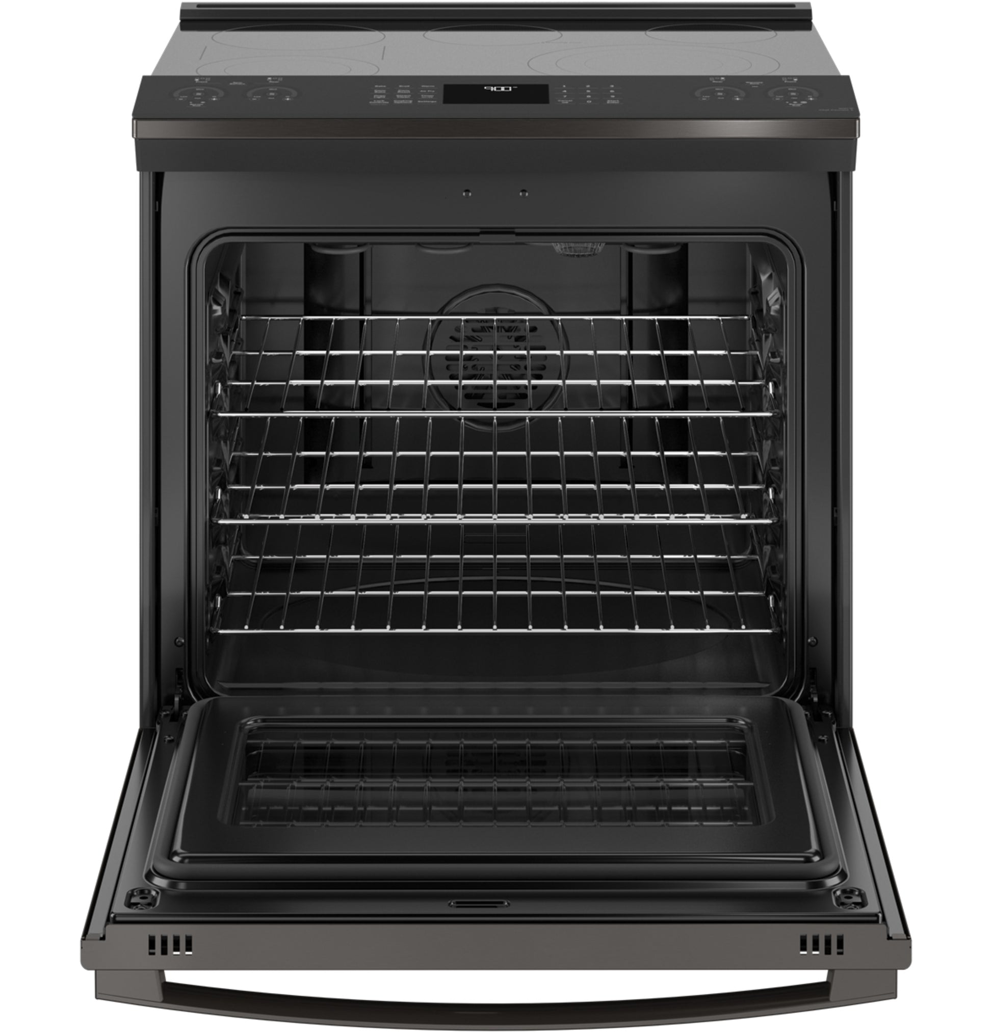 Open black stainless steel electric convection range with digital touch controls from Ranges & Cooktops collection