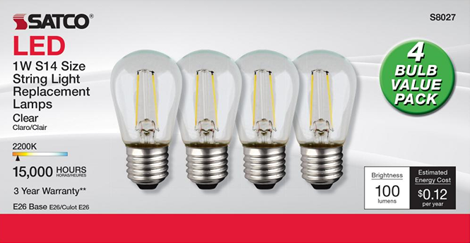 Pack of 4 clear LED replacement string light bulbs with E26 base for outdoor lighting and home improvement collections
