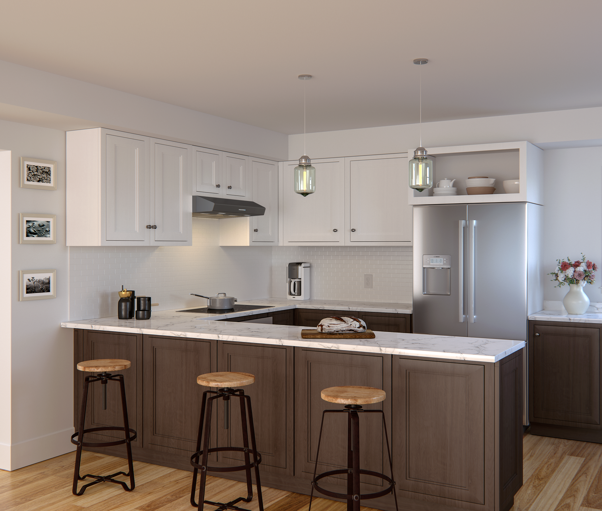 Modern kitchen interior featuring a black stainless steel under cabinet range hood with LED lighting above a white tile backsplash, part of Under Cabinet Range Hoods, Range Hoods, Kitchen & Kitchenware, All Products, and Appliances collections.