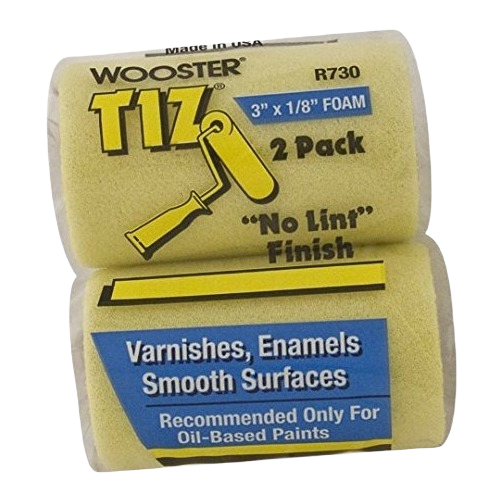Two yellow foam paint rollers labeled for oil-based paints and smooth surface finishes in twin pack packaging